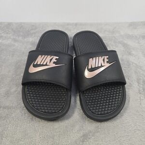 Nike Benassi JDI Black Rose Gold Slides Sandals 343881-007 Womens Size 9
